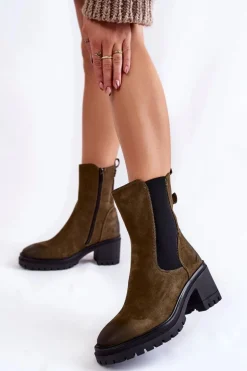 Damskie Zamszowe Botki Na Suwak Khaki Liris