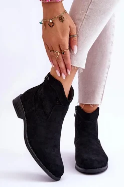 Damskie Zamszowe Botki Na Płaskim Obcasie Czarne Liana