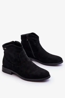 Damskie Zamszowe Botki Na Płaskim Obcasie Czarne Liana