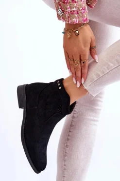 Damskie Zamszowe Botki Na Płaskim Obcasie Czarne Liana