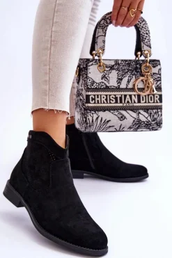 Damskie Zamszowe Botki Na Płaskim Obcasie Czarne Liana