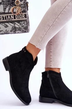 Damskie Zamszowe Botki Na Płaskim Obcasie Czarne Liana