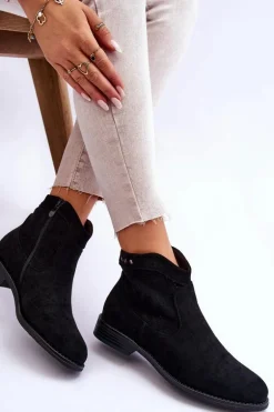 Damskie Zamszowe Botki Na Płaskim Obcasie Czarne Liana