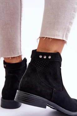 Damskie Zamszowe Botki Na Płaskim Obcasie Czarne Liana