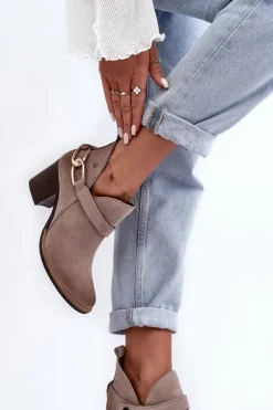 Damskie Zamszowe Botki Na Obcasie Maciejka 06247-04 Beżowe