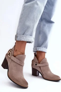 Damskie Zamszowe Botki Na Obcasie Maciejka 06247-04 Beżowe