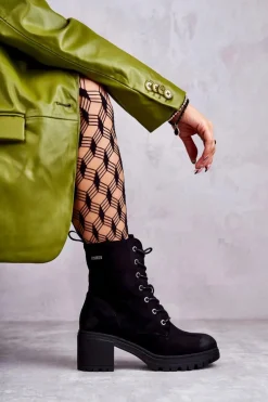 Damskie Zamszowe Botki Na Obcasie Czarne Grethe