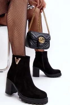 Damskie Zamszowe Botki Na Słupku Z Ozdobą Czarne Strong