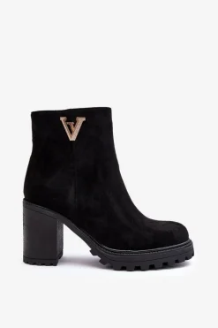 Damskie Zamszowe Botki Na Słupku Z Ozdobą Czarne Strong