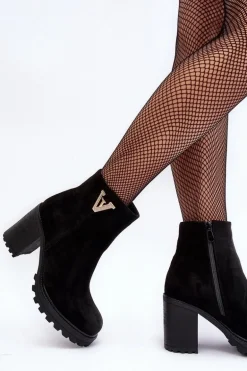 Damskie Zamszowe Botki Na Słupku Z Ozdobą Czarne Strong