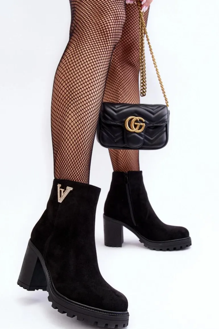 Damskie Zamszowe Botki Na Słupku Z Ozdobą Czarne Strong