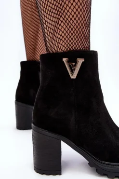 Damskie Zamszowe Botki Na Słupku Z Ozdobą Czarne Strong