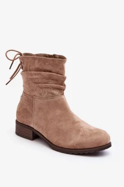 Damskie Zamszowe Botki Na Płaskim Obcasie Beżowe Keresa