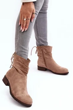 Damskie Zamszowe Botki Na Płaskim Obcasie Beżowe Keresa