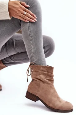 Damskie Zamszowe Botki Na Płaskim Obcasie Beżowe Keresa