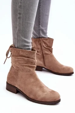 Damskie Zamszowe Botki Na Płaskim Obcasie Beżowe Keresa