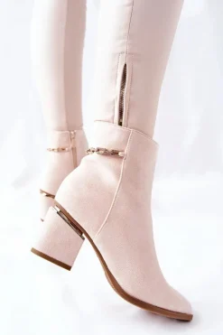 Damskie Zamszowe Botki Na Słupku Beżowe One Step