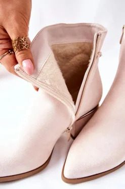 Damskie Zamszowe Botki Na Słupku Beżowe One Step