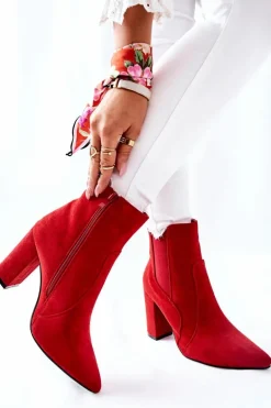 Damskie Zamszowe Botki Na Słupku Czerwone Kastren