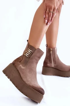 Damskie Zamszowe Botki Na Masywnej Platformie Jasnobrązowe Savira