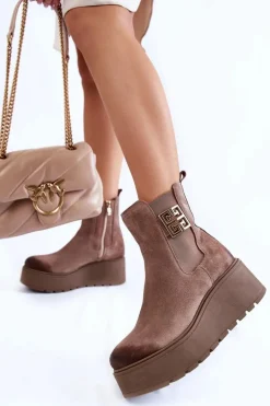 Damskie Zamszowe Botki Na Masywnej Platformie Jasnobrązowe Savira