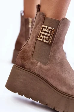 Damskie Zamszowe Botki Na Masywnej Platformie Jasnobrązowe Savira