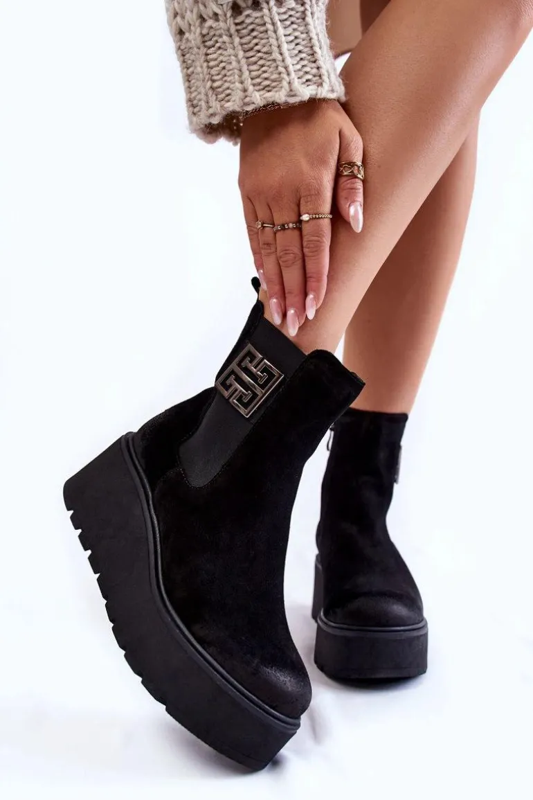 Damskie Zamszowe Botki Na Masywnej Platformie Czarne Lemar Savira