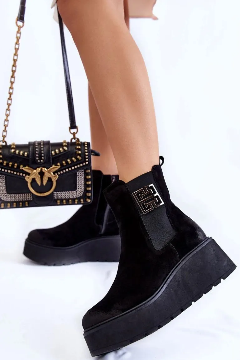 Damskie Zamszowe Botki Na Masywnej Platformie Czarne Lemar Savira
