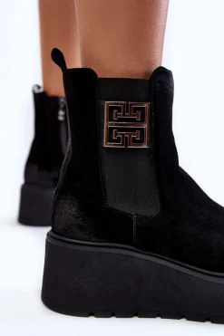 Damskie Zamszowe Botki Na Masywnej Platformie Czarne Lemar Savira