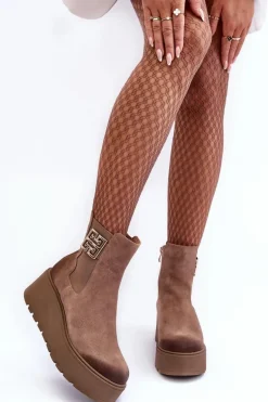 Damskie Zamszowe Botki Na Masywnej Platformie Ciemnobeżowe Lemar Savira