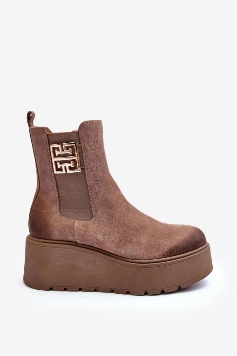 Damskie Zamszowe Botki Na Masywnej Platformie Ciemnobeżowe Lemar Savira