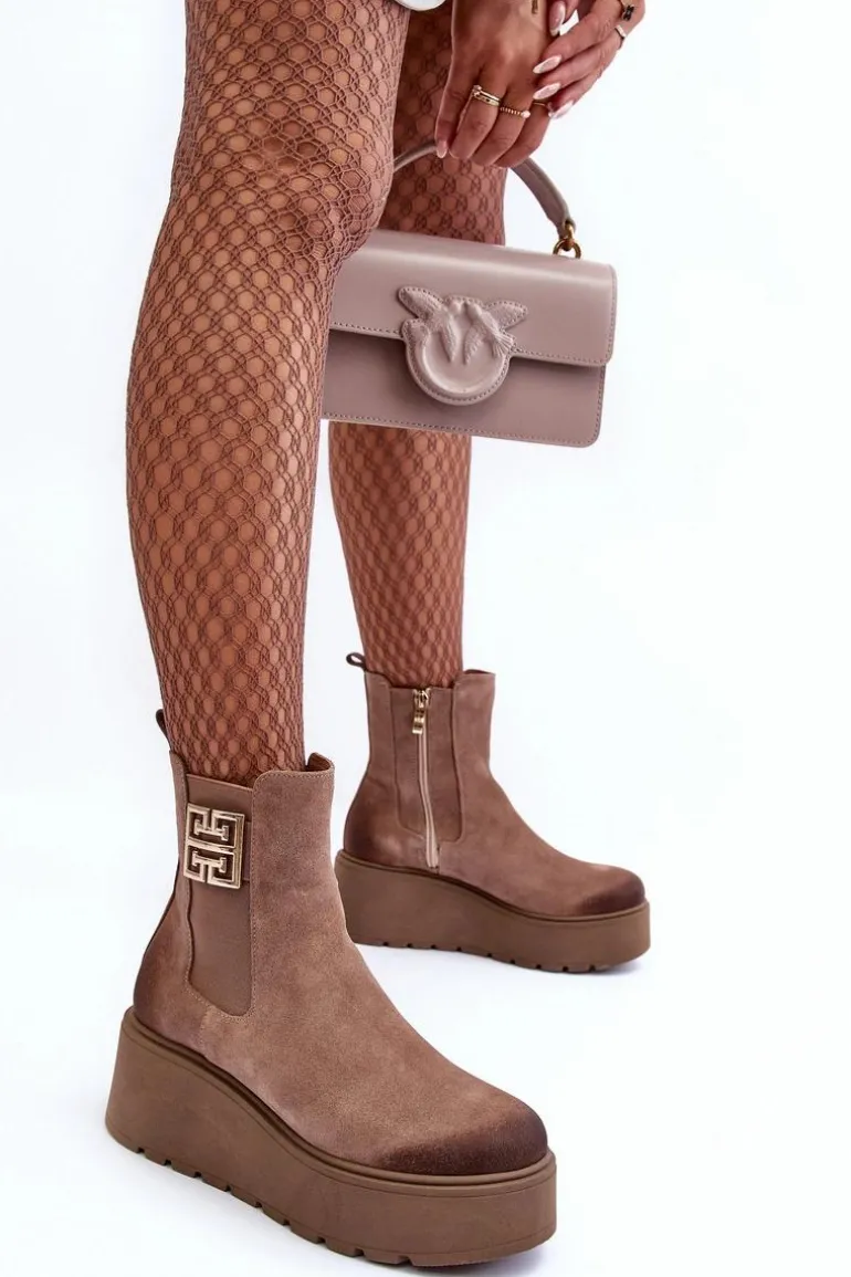 Damskie Zamszowe Botki Na Masywnej Platformie Ciemnobeżowe Lemar Savira