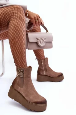 Damskie Zamszowe Botki Na Masywnej Platformie Ciemnobeżowe Lemar Savira