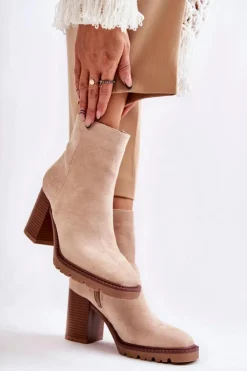 Damskie Zamszowe Botki Na Słupku Z Suwakiem Beżowe Odette