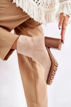 Damskie Zamszowe Botki Na Słupku Z Suwakiem Beżowe Odette