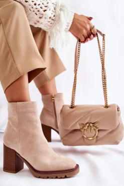 Damskie Zamszowe Botki Na Słupku Z Suwakiem Beżowe Odette