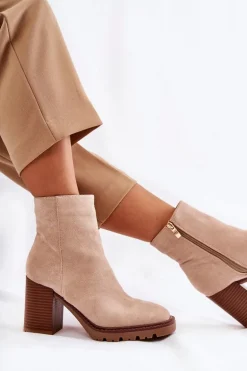 Damskie Zamszowe Botki Na Słupku Z Suwakiem Beżowe Odette