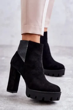 Damskie Zamszowe Botki Na Obcasie Czarne Maricruz