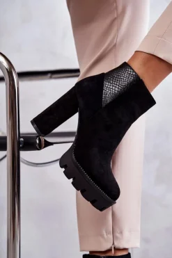 Damskie Zamszowe Botki Na Obcasie Czarne Maricruz