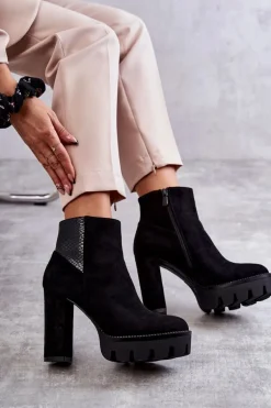 Damskie Zamszowe Botki Na Obcasie Czarne Maricruz