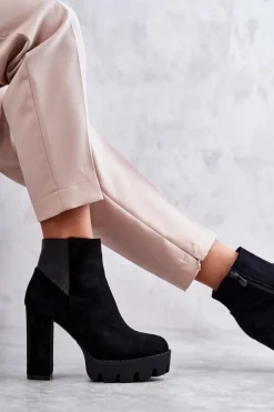 Damskie Zamszowe Botki Na Obcasie Czarne Maricruz