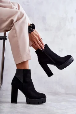 Damskie Zamszowe Botki Na Obcasie Czarne Maricruz