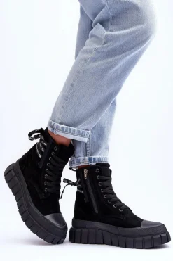 Damskie Zamszowe Botki Na Platformie Czarne Raftera
