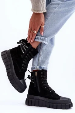 Damskie Zamszowe Botki Na Platformie Czarne Raftera