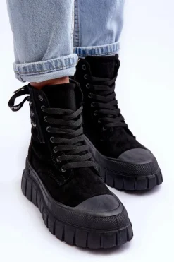 Damskie Zamszowe Botki Na Platformie Czarne Raftera