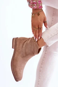 Damskie Zamszowe Botki Na Płaskim Obcasie Beżowe Liana