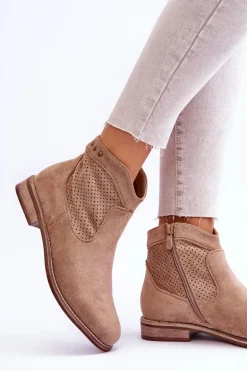 Damskie Zamszowe Botki Na Płaskim Obcasie Beżowe Liana