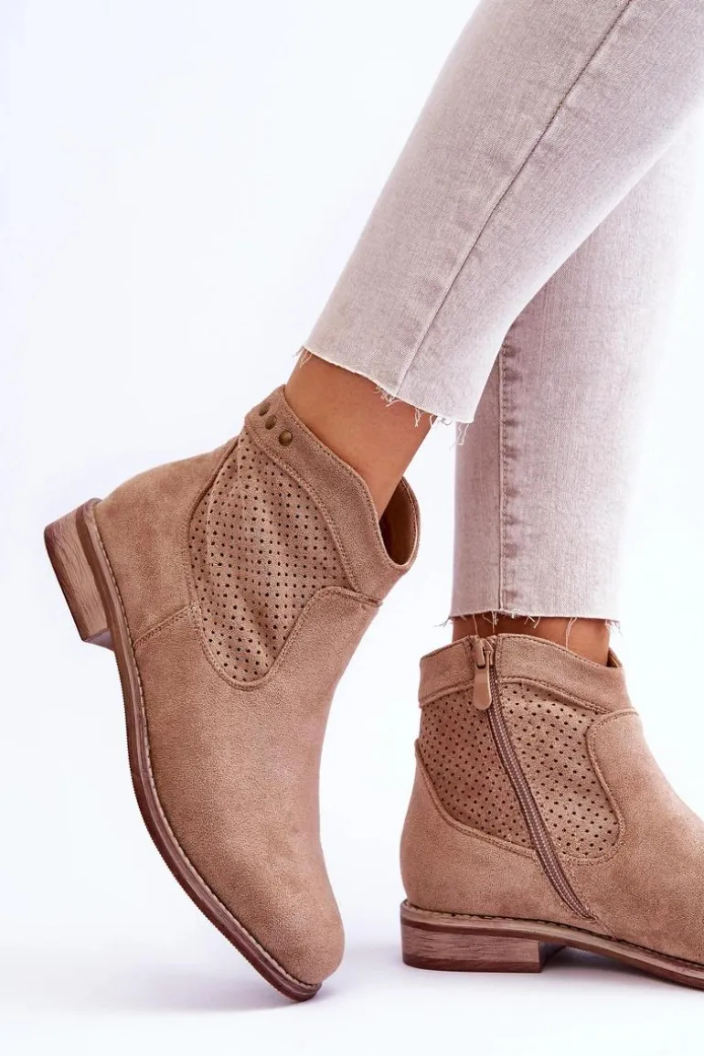 Damskie Zamszowe Botki Na Płaskim Obcasie Beżowe Liana