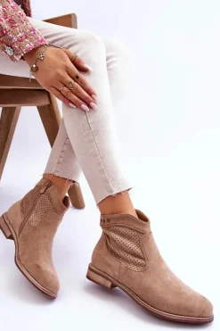 Damskie Zamszowe Botki Na Płaskim Obcasie Beżowe Liana