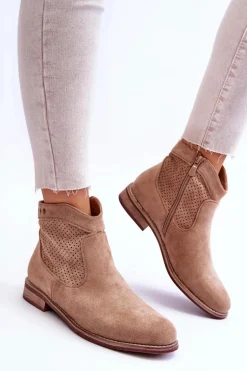 Damskie Zamszowe Botki Na Płaskim Obcasie Beżowe Liana